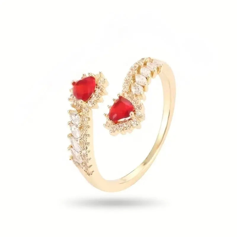 Inel elegant din cupru cu zircon roșu și diamante albe – vedere frontală detaliată